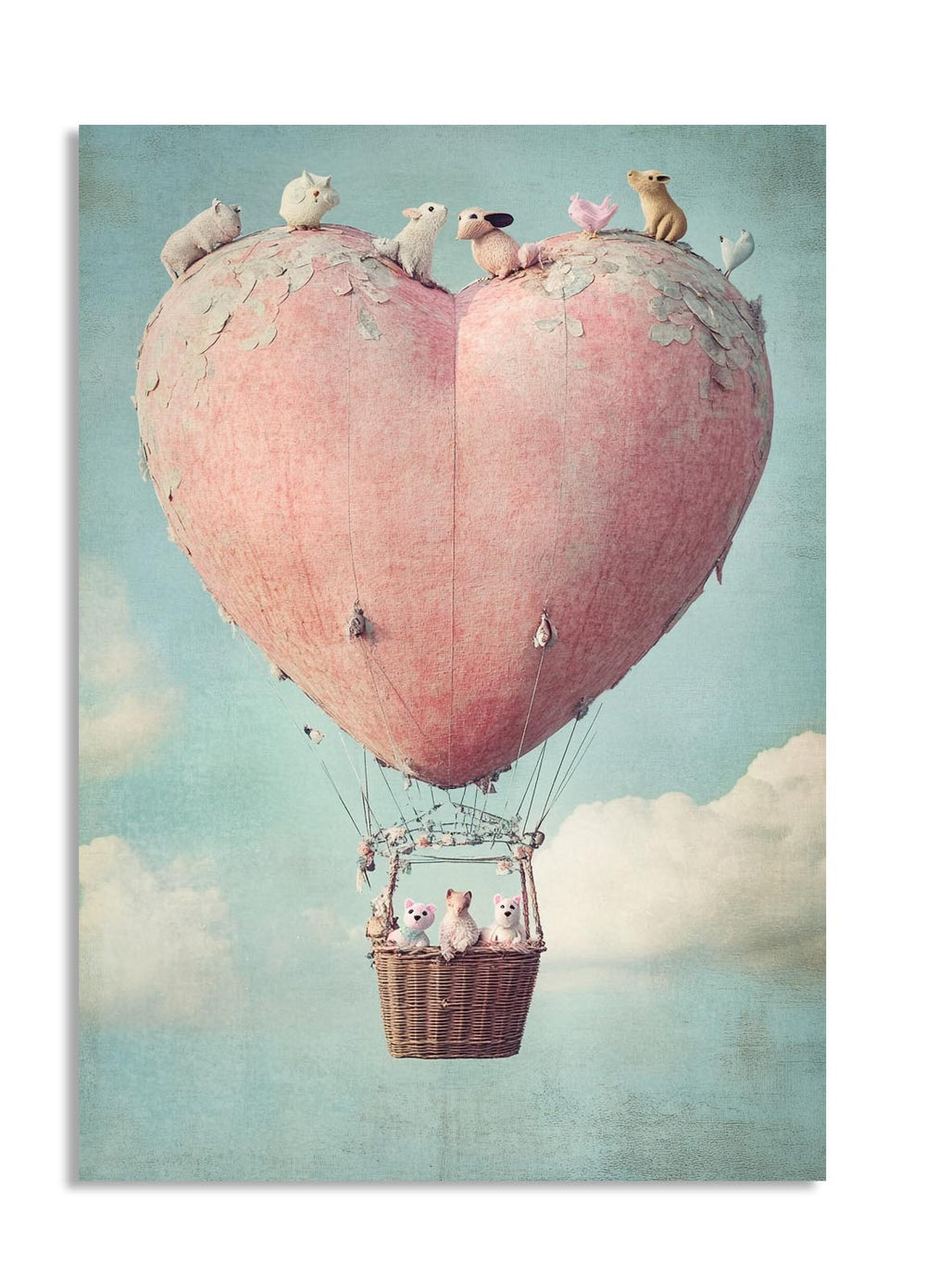 Pink hot air balloon with teddy bears against a blue sky with clouds, as a premium aluminum metal print from GoMetalPrint.
