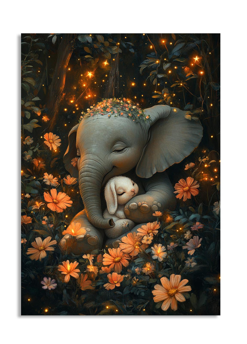 Illustration of a baby elephant surrounded by flowers and lights in a dark forest setting, as a premium aluminum metal print from GoMetalPrint.