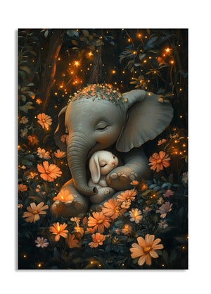 Illustration of a baby elephant surrounded by flowers and lights in a dark forest setting, as a premium aluminum metal print from GoMetalPrint.