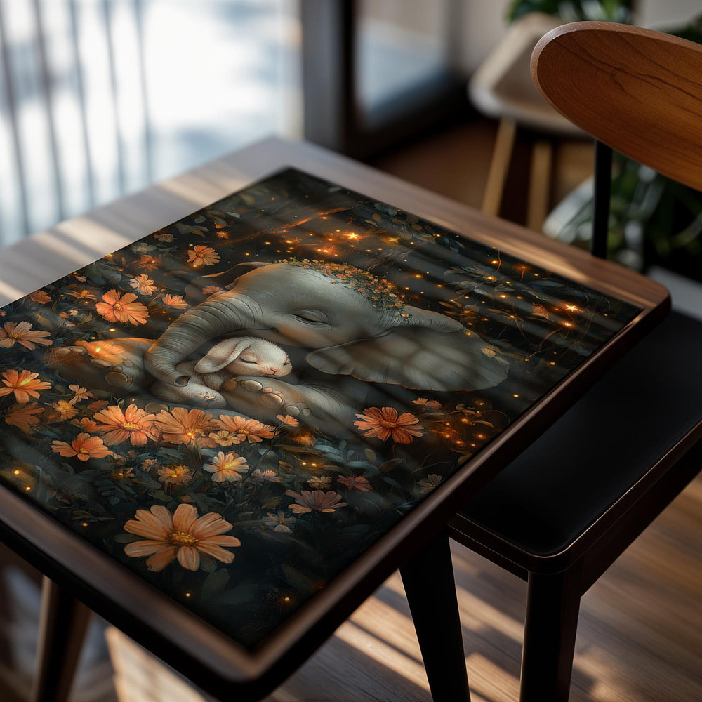 Illustration of a baby elephant surrounded by flowers and lights in a dark forest setting, as a premium aluminum metal print from GoMetalPrint.