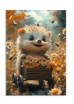 Illustration of a hedgehog with a cart full of flowers in a field with bees, as a premium aluminum metal print from GoMetalPrint.