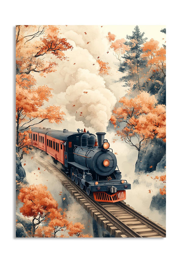 Vintage train on tracks surrounded by autumn trees with orange leaves, as a premium aluminum metal print from GoMetalPrint.