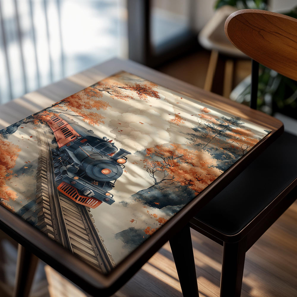 Vintage train on tracks surrounded by autumn trees with orange leaves, as a premium aluminum metal print from GoMetalPrint.