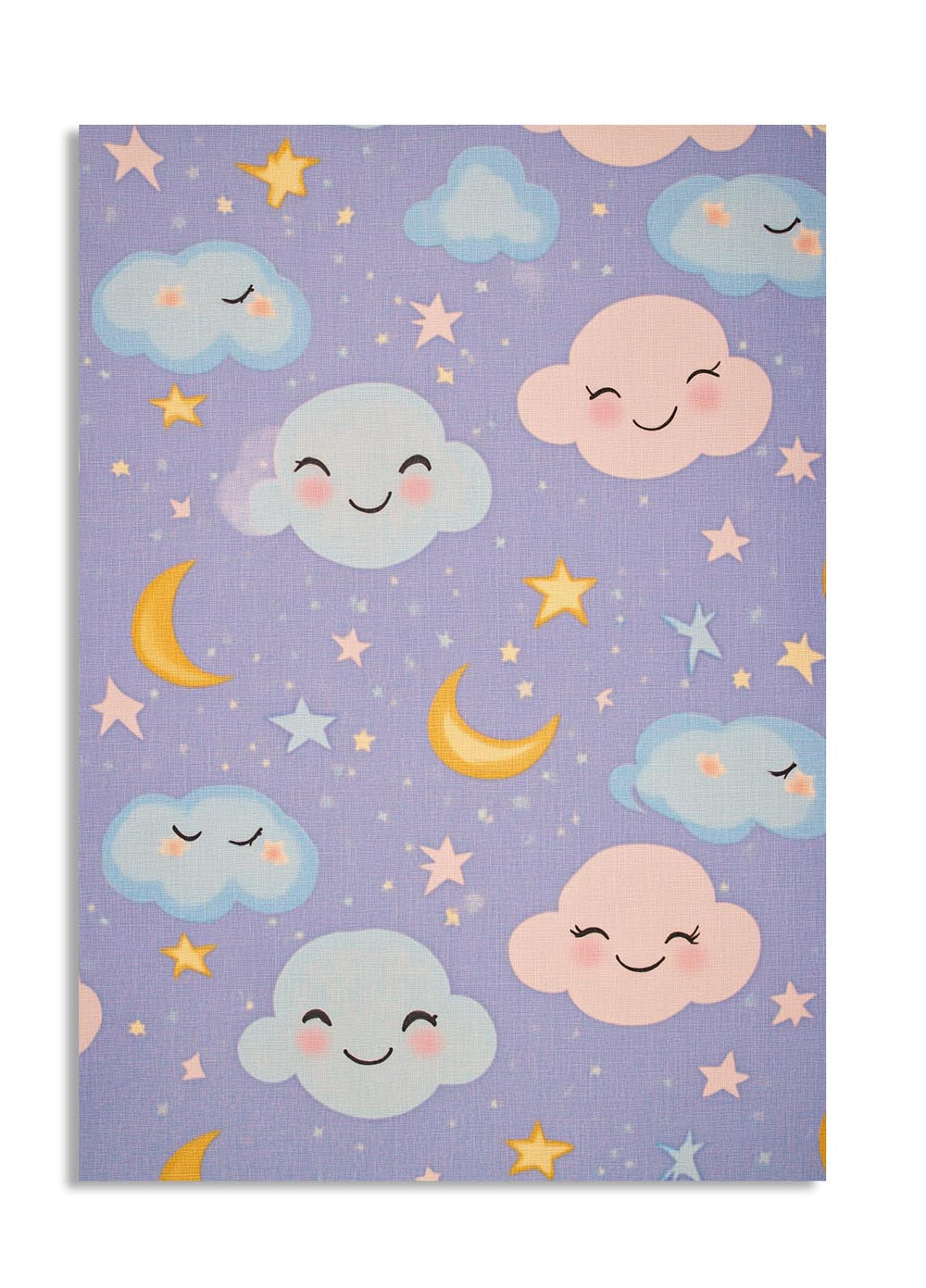 Children's rug with cloud and star pattern on a purple background, as a premium aluminum metal print from GoMetalPrint.