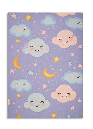Children's rug with cloud and star pattern on a purple background, as a premium aluminum metal print from GoMetalPrint.