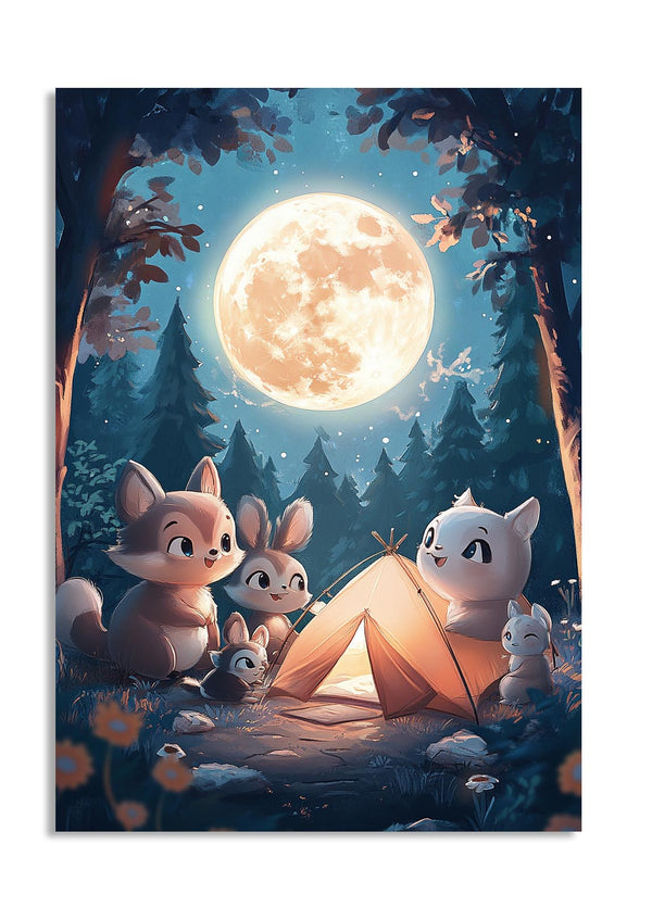 Illustration of animals around a tent under a full moon in a forest, as a premium aluminum metal print from GoMetalPrint.
