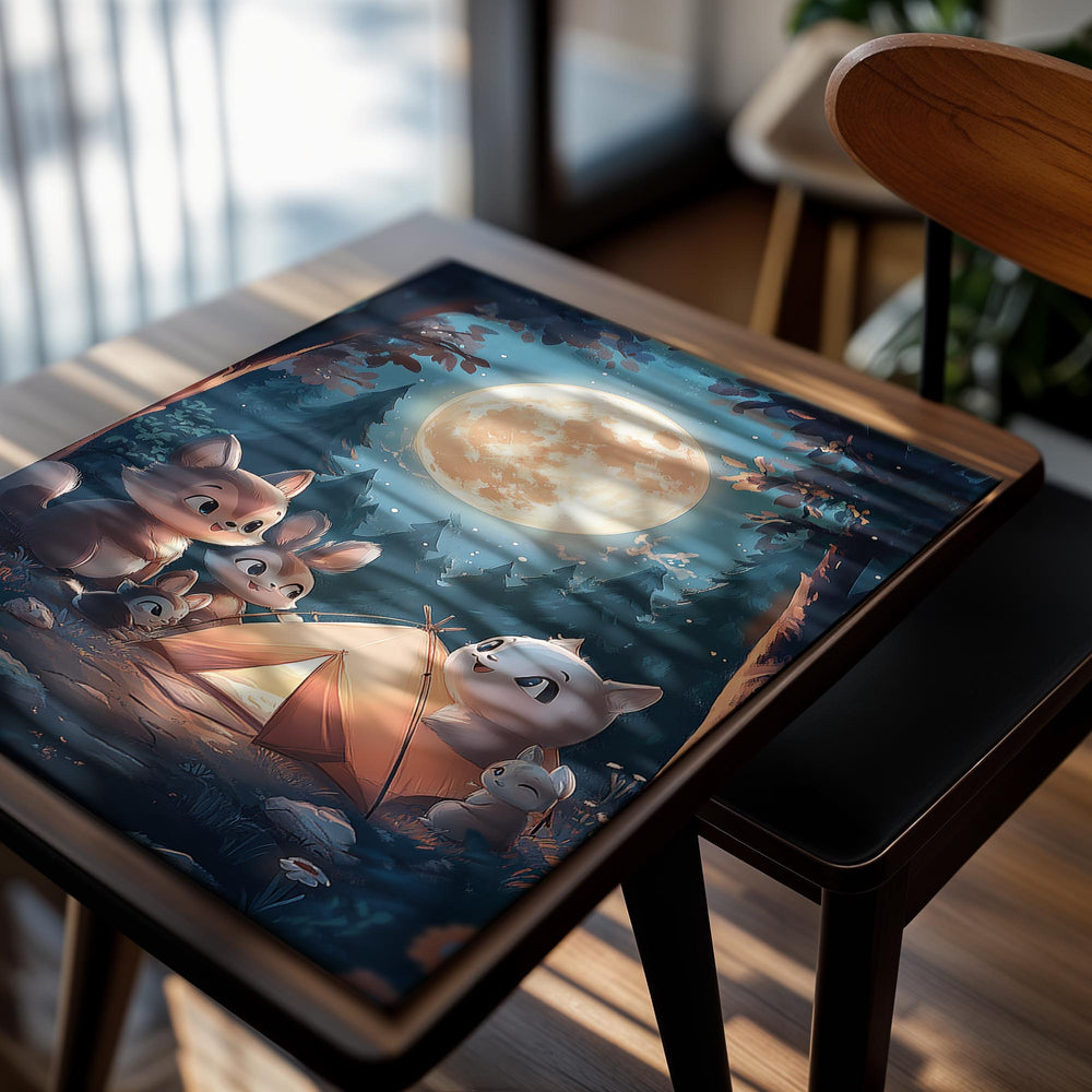 Illustration of animals around a tent under a full moon in a forest, as a premium aluminum metal print from GoMetalPrint.
