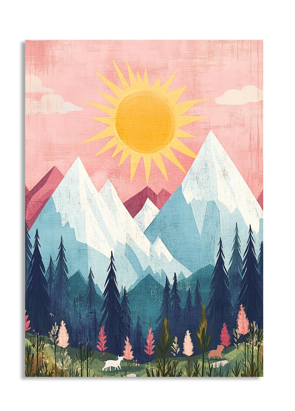 Painting of mountains, trees, and a sun on a pink background, as a premium aluminum metal print from GoMetalPrint.
