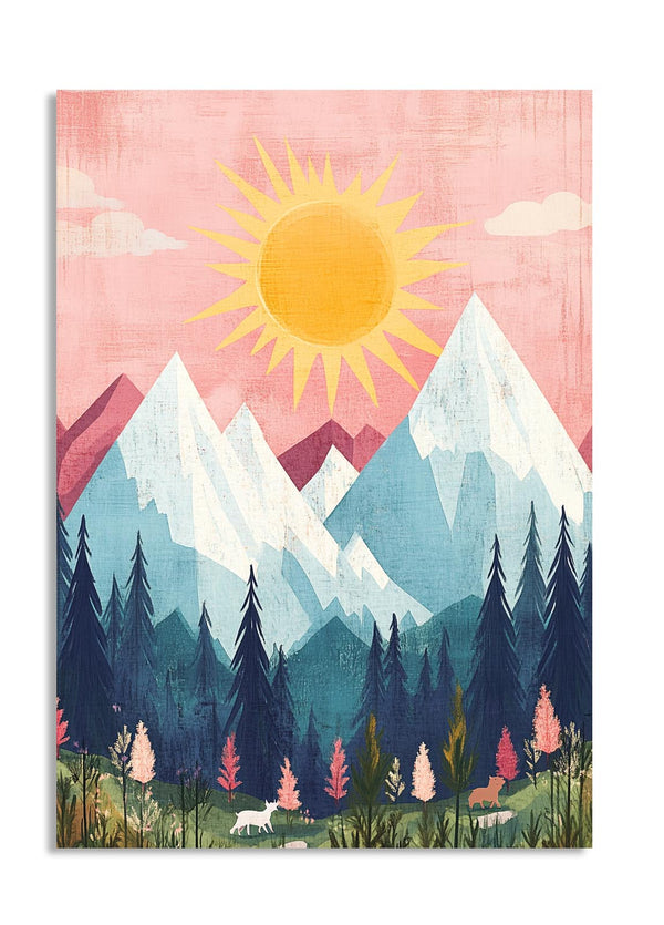 Painting of mountains, trees, and a sun on a pink background, as a premium aluminum metal print from GoMetalPrint.
