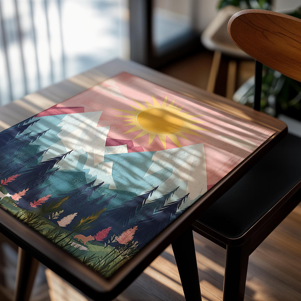 Painting of mountains, trees, and a sun on a pink background, as a premium aluminum metal print from GoMetalPrint.