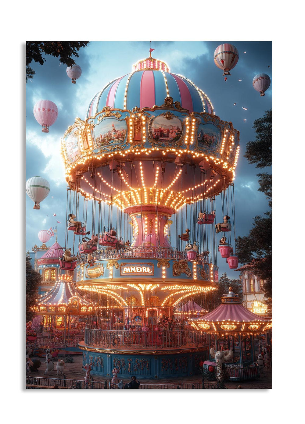 Colorful carousel at an amusement park with hot air balloons in the background, as a premium aluminum metal print from GoMetalPrint.