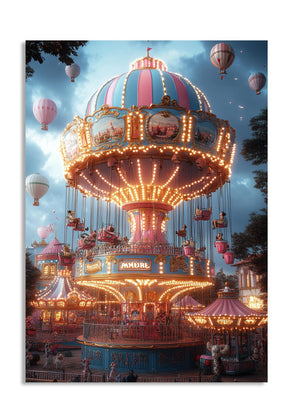 Colorful carousel at an amusement park with hot air balloons in the background, as a premium aluminum metal print from GoMetalPrint.