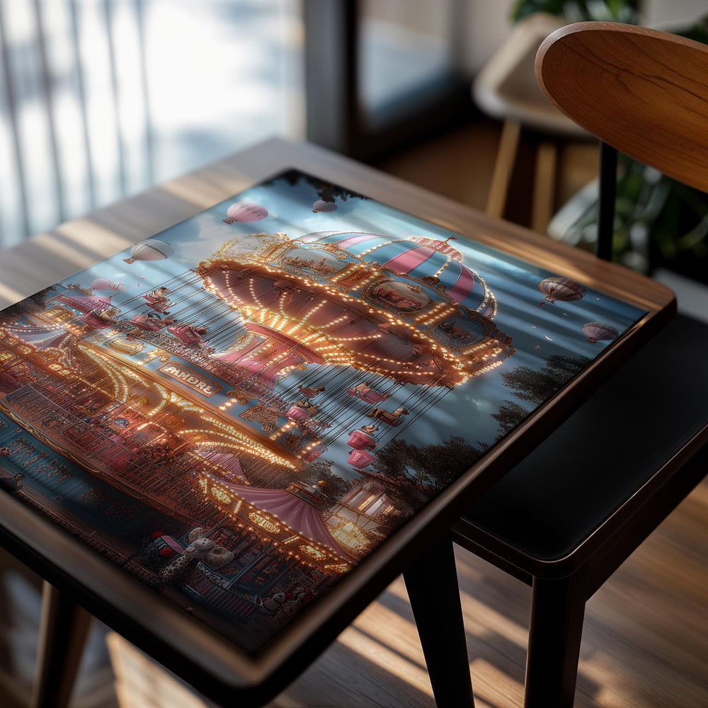 Colorful carousel at an amusement park with hot air balloons in the background, as a premium aluminum metal print from GoMetalPrint.