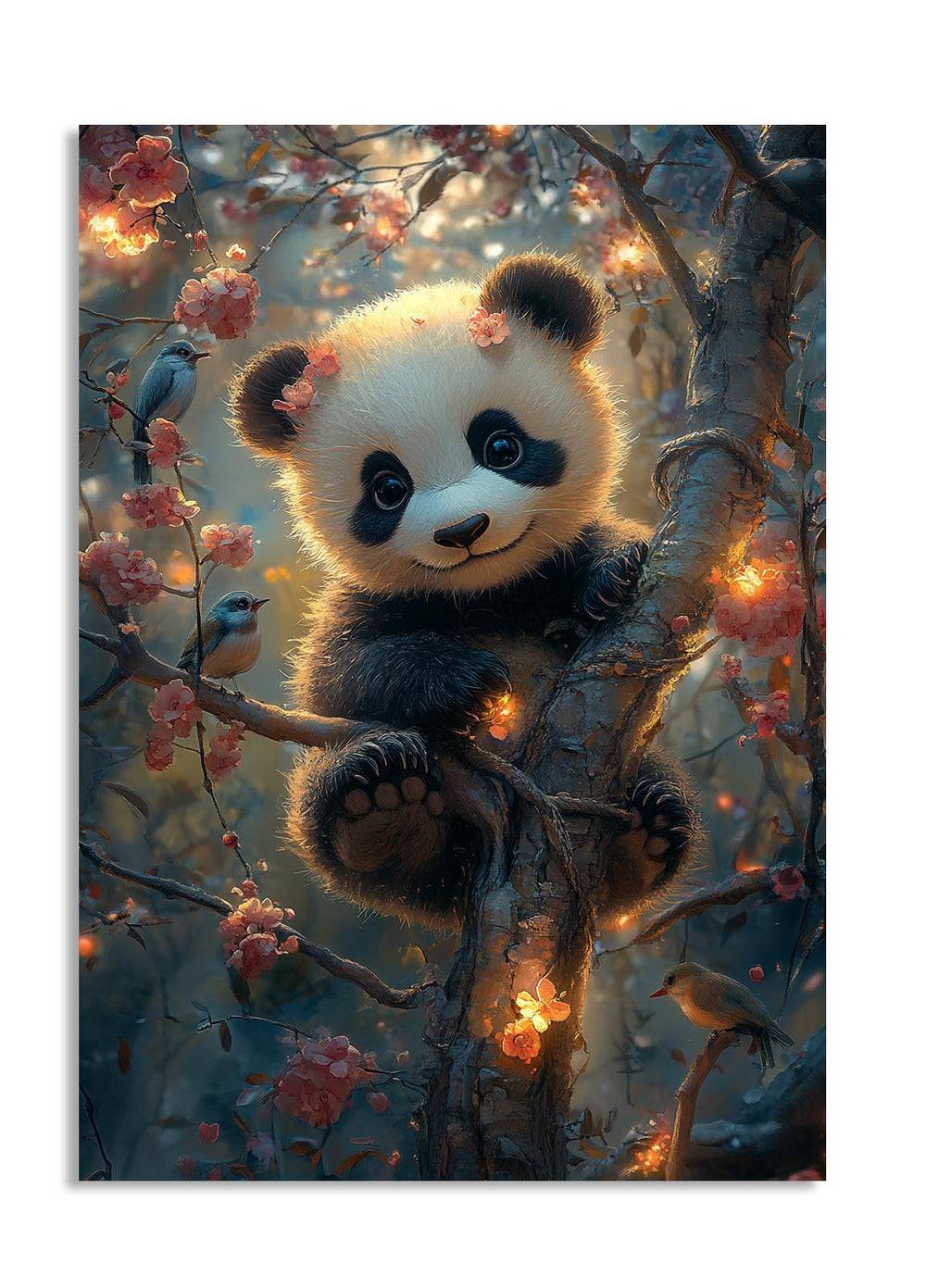 Panda bear sitting on a branch with cherry blossoms and birds in a fantasy forest setting, as a premium aluminum metal print from GoMetalPrint.”