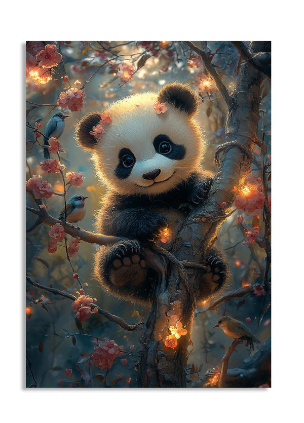Panda bear sitting on a branch with cherry blossoms and birds in a fantasy forest setting, as a premium aluminum metal print from GoMetalPrint.”