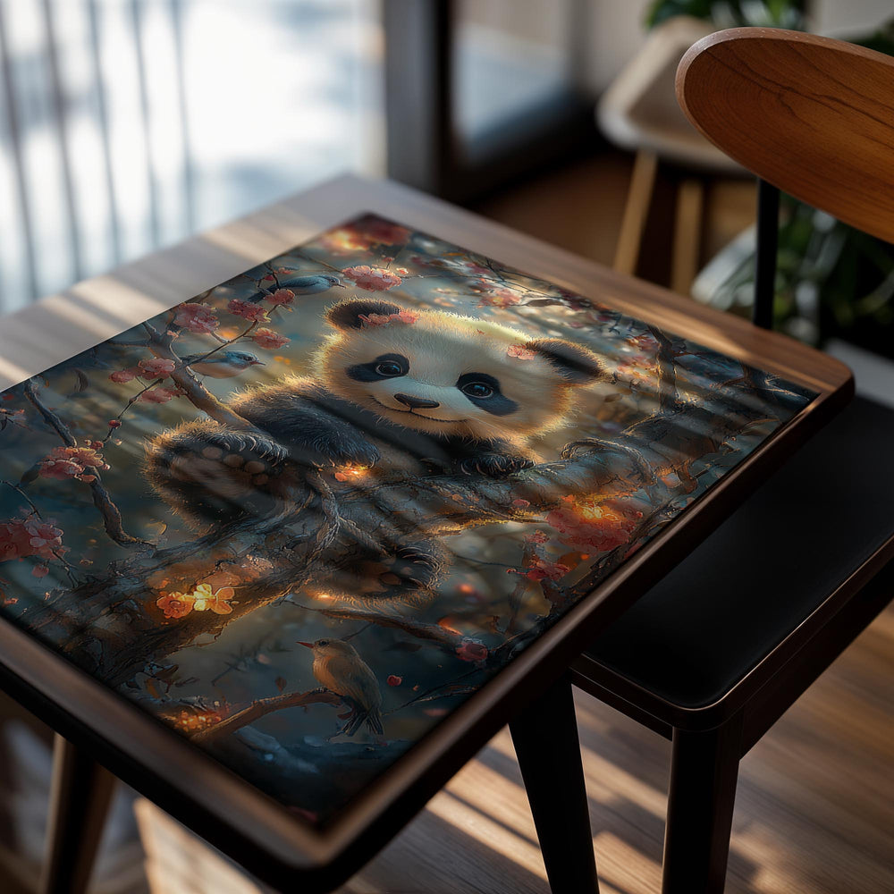 Panda bear sitting on a branch with cherry blossoms and birds in a fantasy forest setting, as a premium aluminum metal print from GoMetalPrint.”