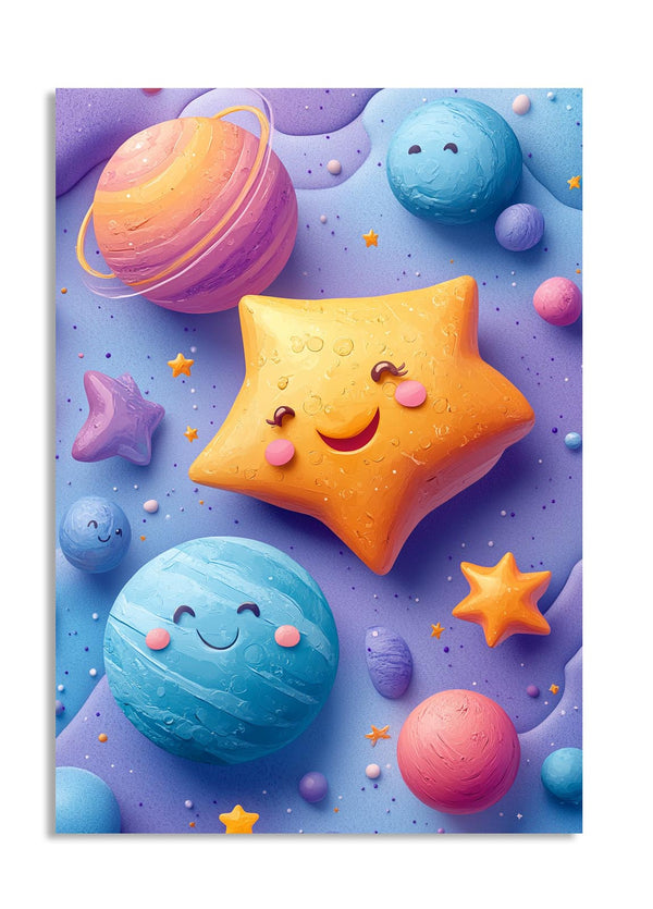 Colorful illustration of a smiling star and planets on a purple background, as a premium aluminum metal print from GoMetalPrint.
