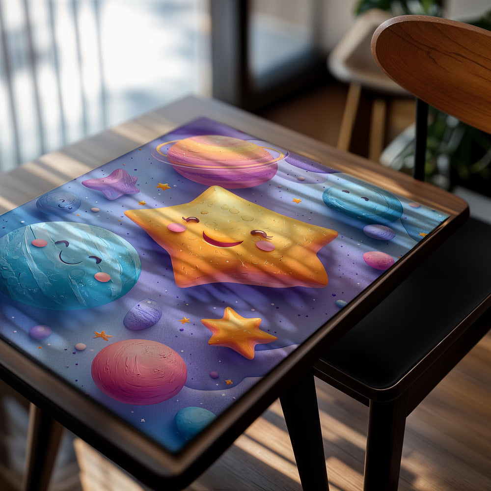 Colorful illustration of a smiling star and planets on a purple background, as a premium aluminum metal print from GoMetalPrint.
