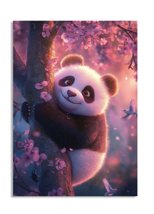 Panda bear in a cherry blossom tree with a pink and purple background, as a premium aluminum metal print from GoMetalPrint.
