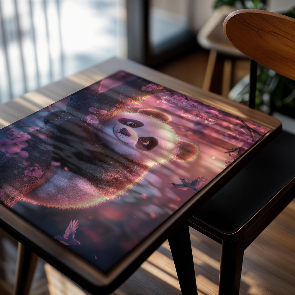 Panda bear in a cherry blossom tree with a pink and purple background, as a premium aluminum metal print from GoMetalPrint.

