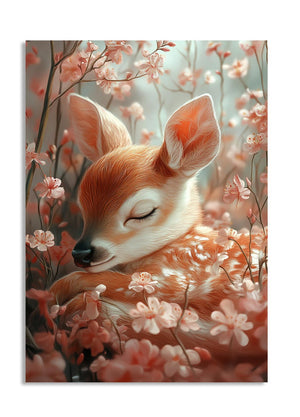 Sleeping deer surrounded by flowers and leaves, as a premium aluminum metal print from GoMetalPrint.
