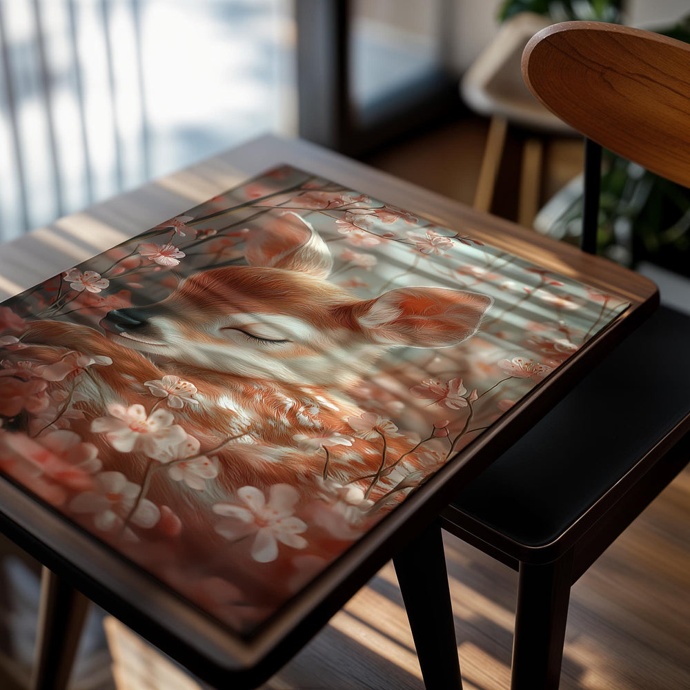 Sleeping deer surrounded by flowers and leaves, as a premium aluminum metal print from GoMetalPrint.
