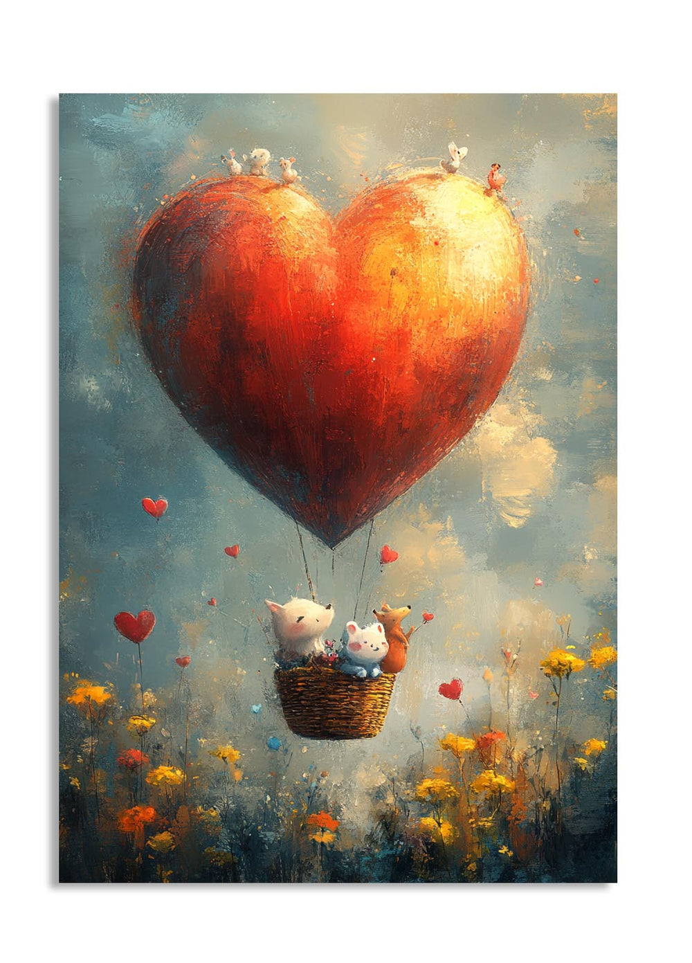 Heart-shaped hot air balloon with cartoon animals in a field of flowers, as a premium aluminum metal print from GoMetalPrint.
