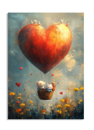 Heart-shaped hot air balloon with cartoon animals in a field of flowers, as a premium aluminum metal print from GoMetalPrint.
