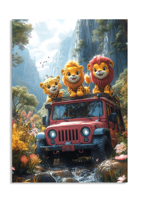 Three animated lion characters on top of a red Jeep in a forest setting with mountains and waterfalls, as a premium aluminum metal print from GoMetalPrint.
