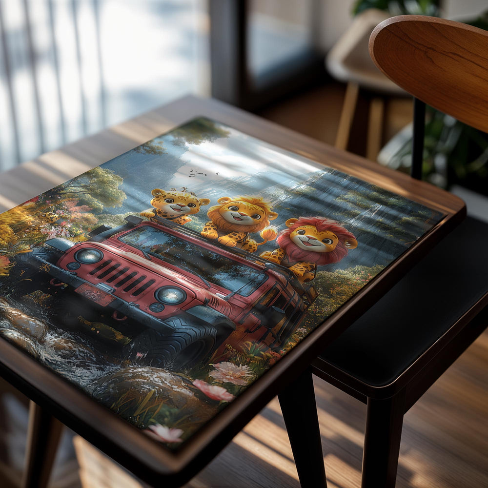 Three animated lion characters on top of a red Jeep in a forest setting with mountains and waterfalls, as a premium aluminum metal print from GoMetalPrint.
