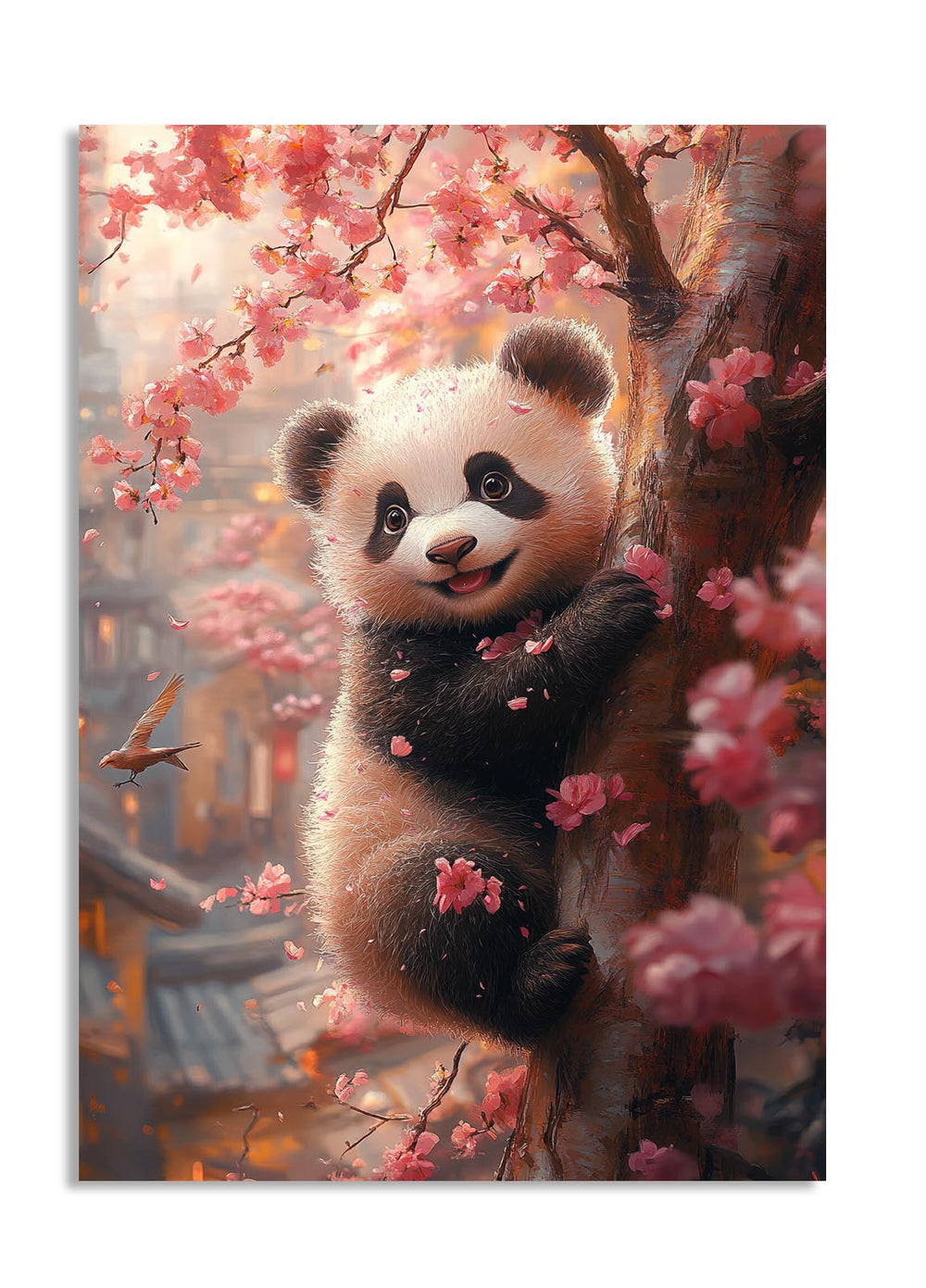 Panda bear in a cherry blossom tree with a blurred cityscape in the background, as a premium aluminum metal print from GoMetalPrint.
