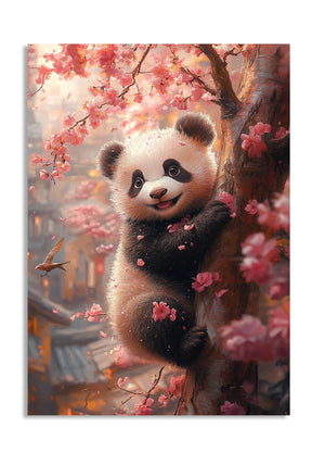 Panda bear in a cherry blossom tree with a blurred cityscape in the background, as a premium aluminum metal print from GoMetalPrint.
