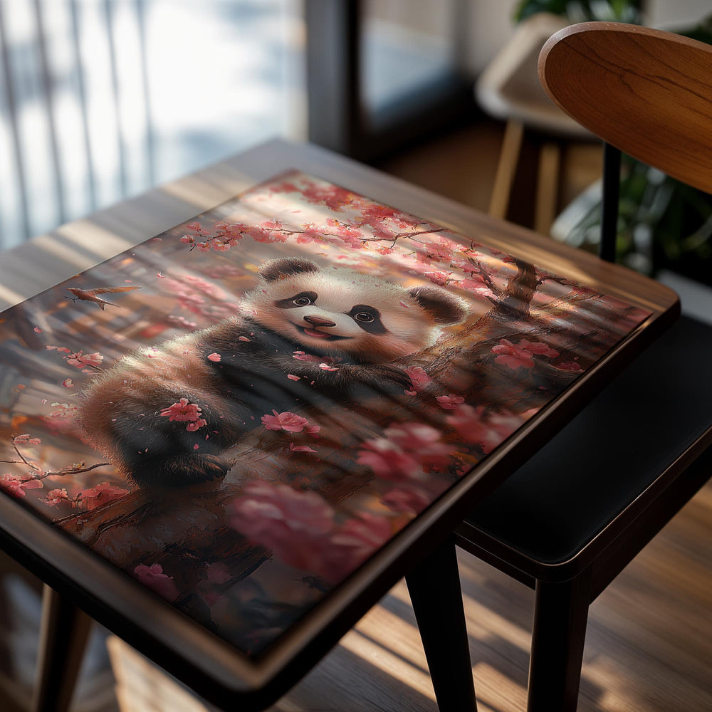 Panda bear in a cherry blossom tree with a blurred cityscape in the background, as a premium aluminum metal print from GoMetalPrint.
