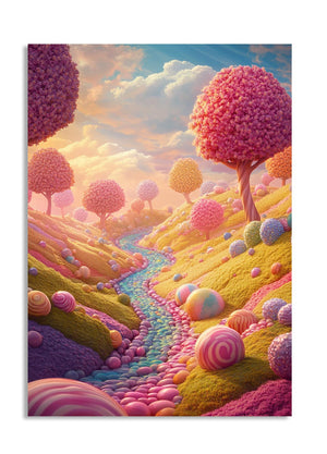 Colorful fantasy landscape with candy-like trees and a stream, as a premium aluminum metal print from GoMetalPrint.
