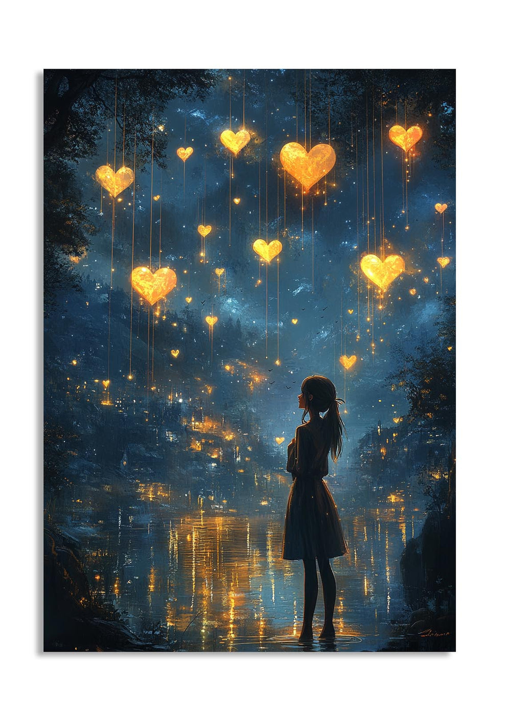 Silhouette of a person standing by a reflective surface with heart-shaped lights hanging above, as a premium aluminum metal print from GoMetalPrint.
