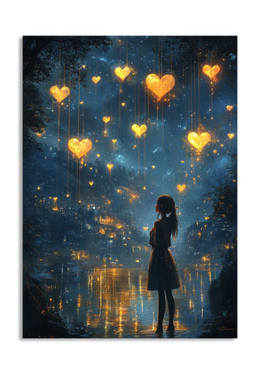 Silhouette of a person standing by a reflective surface with heart-shaped lights hanging above, as a premium aluminum metal print from GoMetalPrint.
