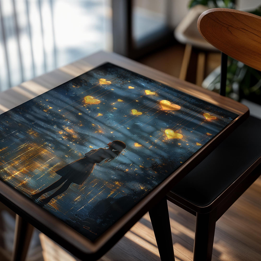 Silhouette of a person standing by a reflective surface with heart-shaped lights hanging above, as a premium aluminum metal print from GoMetalPrint.
