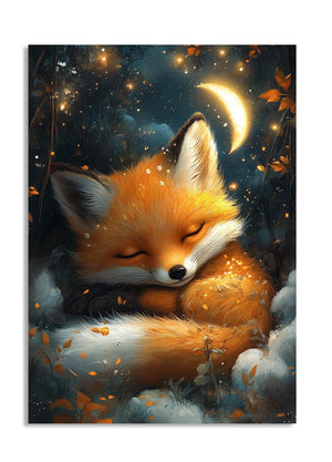 Illustration of a fox sleeping under a starry night sky with a crescent moon, as a premium aluminum metal print from GoMetalPrint.
