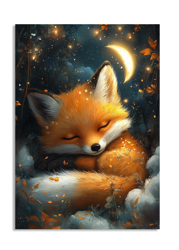 Illustration of a fox sleeping under a starry night sky with a crescent moon, as a premium aluminum metal print from GoMetalPrint.
