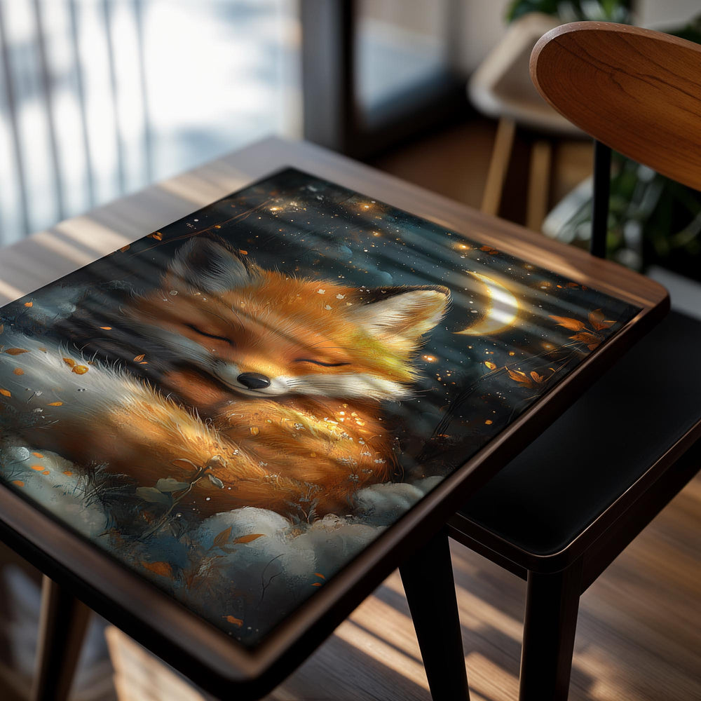 Illustration of a fox sleeping under a starry night sky with a crescent moon, as a premium aluminum metal print from GoMetalPrint.
