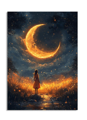 Woman standing in a field under a glowing crescent moon and starry sky, as a premium aluminum metal print from GoMetalPrint.
