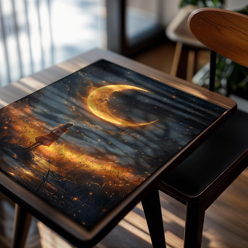 Woman standing in a field under a glowing crescent moon and starry sky, as a premium aluminum metal print from GoMetalPrint.
