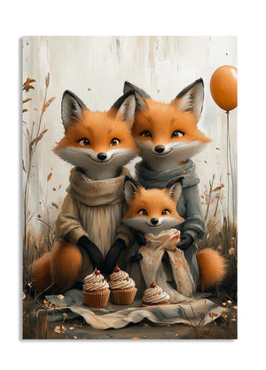 Three foxes in a forest setting with cupcakes and a balloon, as a premium aluminum metal print from GoMetalPrint.
