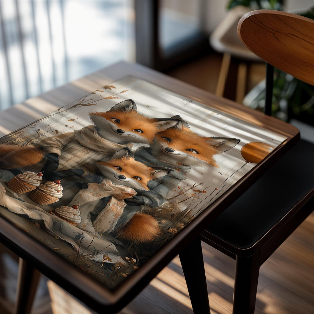 Three foxes in a forest setting with cupcakes and a balloon, as a premium aluminum metal print from GoMetalPrint.
