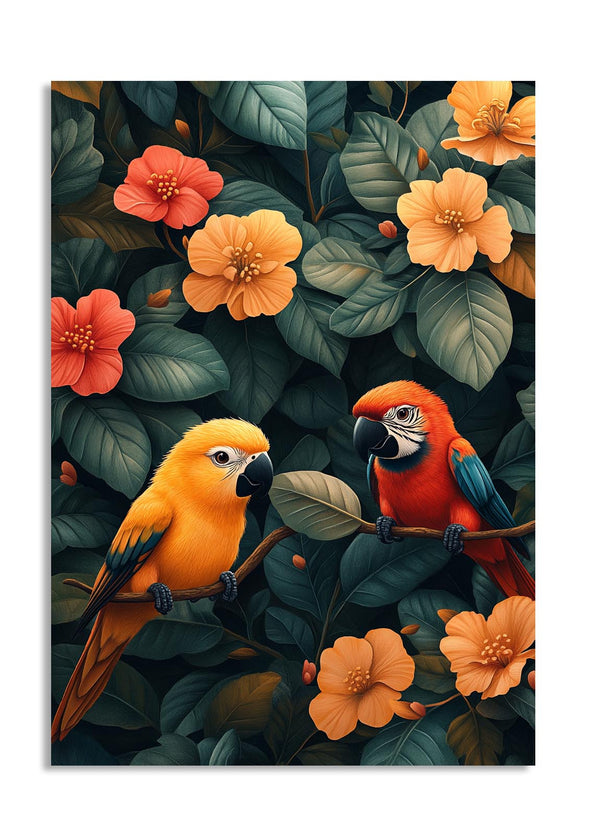 Two parrots on a branch with flowers and leaves in the background, as a premium aluminum metal print from GoMetalPrint.
