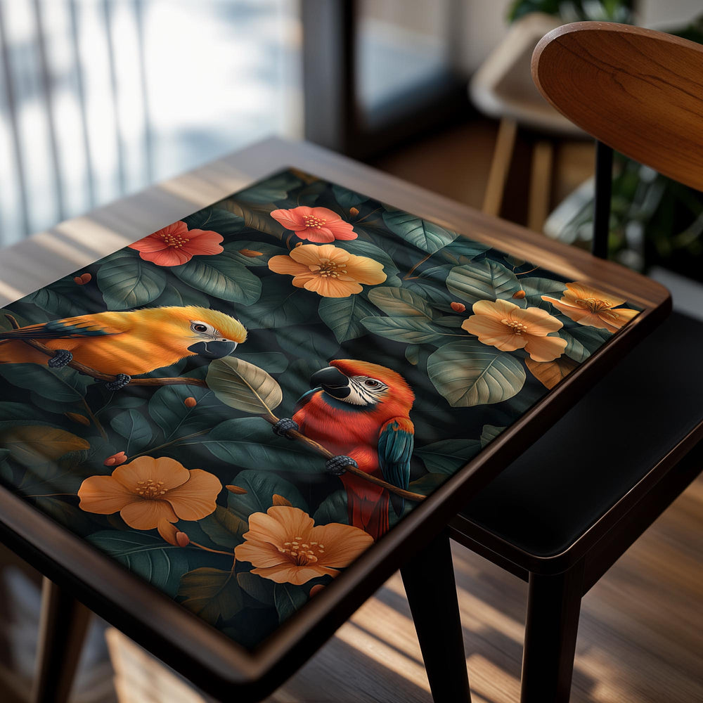 Two parrots on a branch with flowers and leaves in the background, as a premium aluminum metal print from GoMetalPrint.
