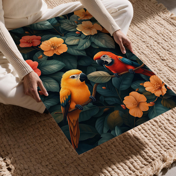 Tropical Parrots and Flowers