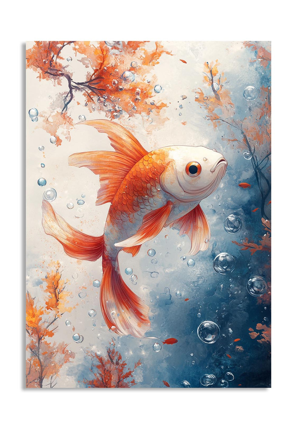 Colorful goldfish illustration with underwater elements on a light background, as a premium aluminum metal print from GoMetalPrint.
