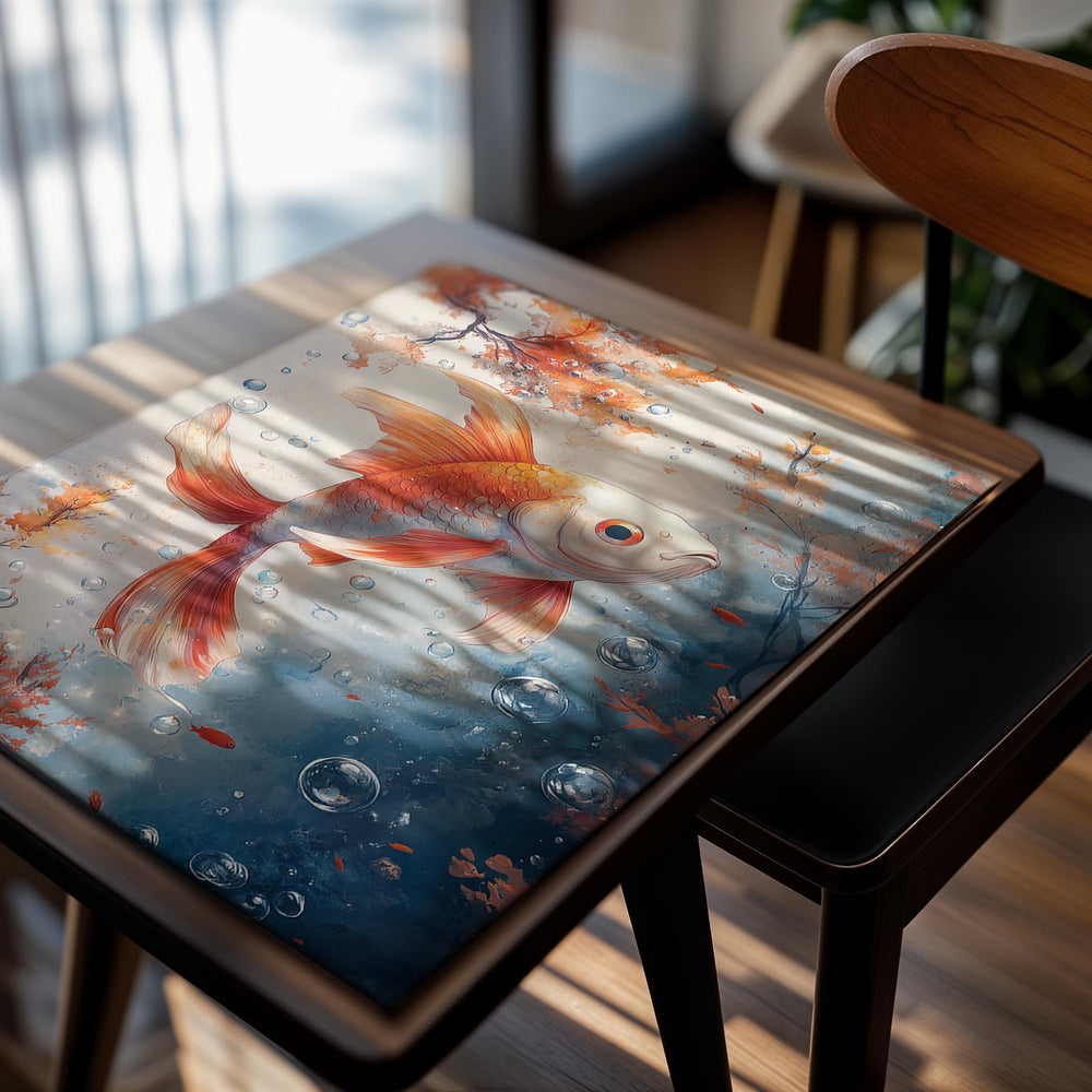Colorful goldfish illustration with underwater elements on a light background, as a premium aluminum metal print from GoMetalPrint.

