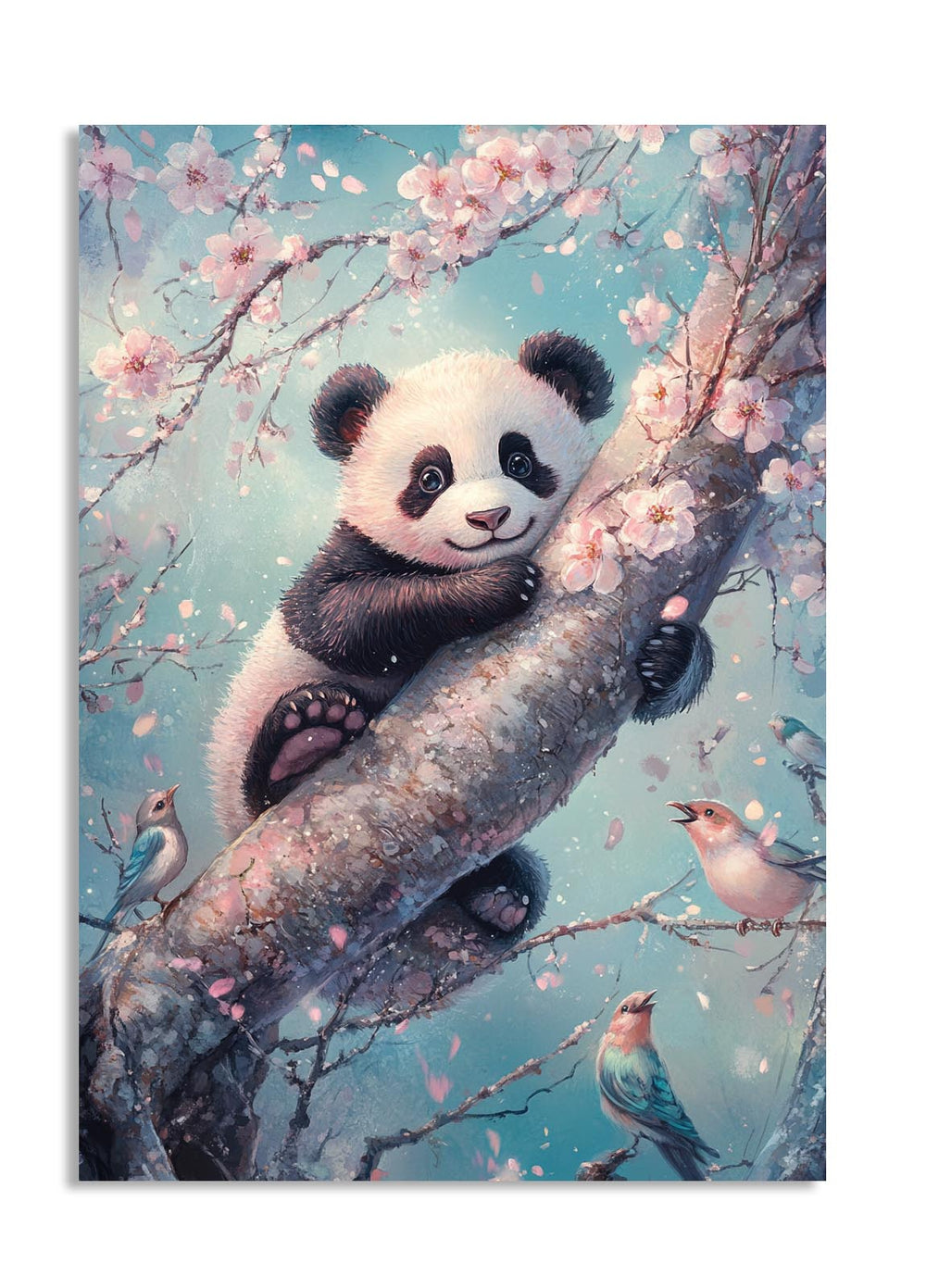 Illustration of a panda bear sitting on a cherry blossom branch with birds, as a premium aluminum metal print from GoMetalPrint.
